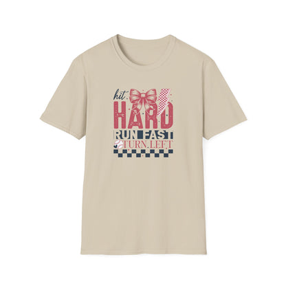 Hit Hard Run Fast Turn Left Baseball Shirt – Cute Softball Bow Tee | Game Day Shirt for Women | Sports Mom Graphic T-Shirt