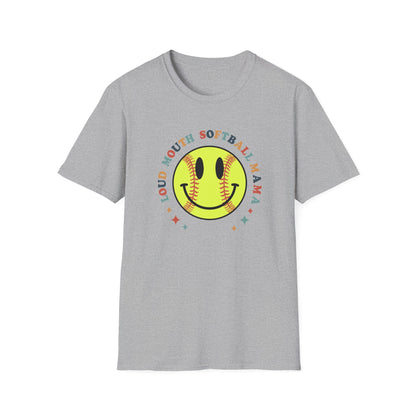 Loud Mouth Softball Mama Shirt – Retro Smiley Softball Graphic Tee, Funny Softball Mom Shirt, Vintage Game Day Apparel