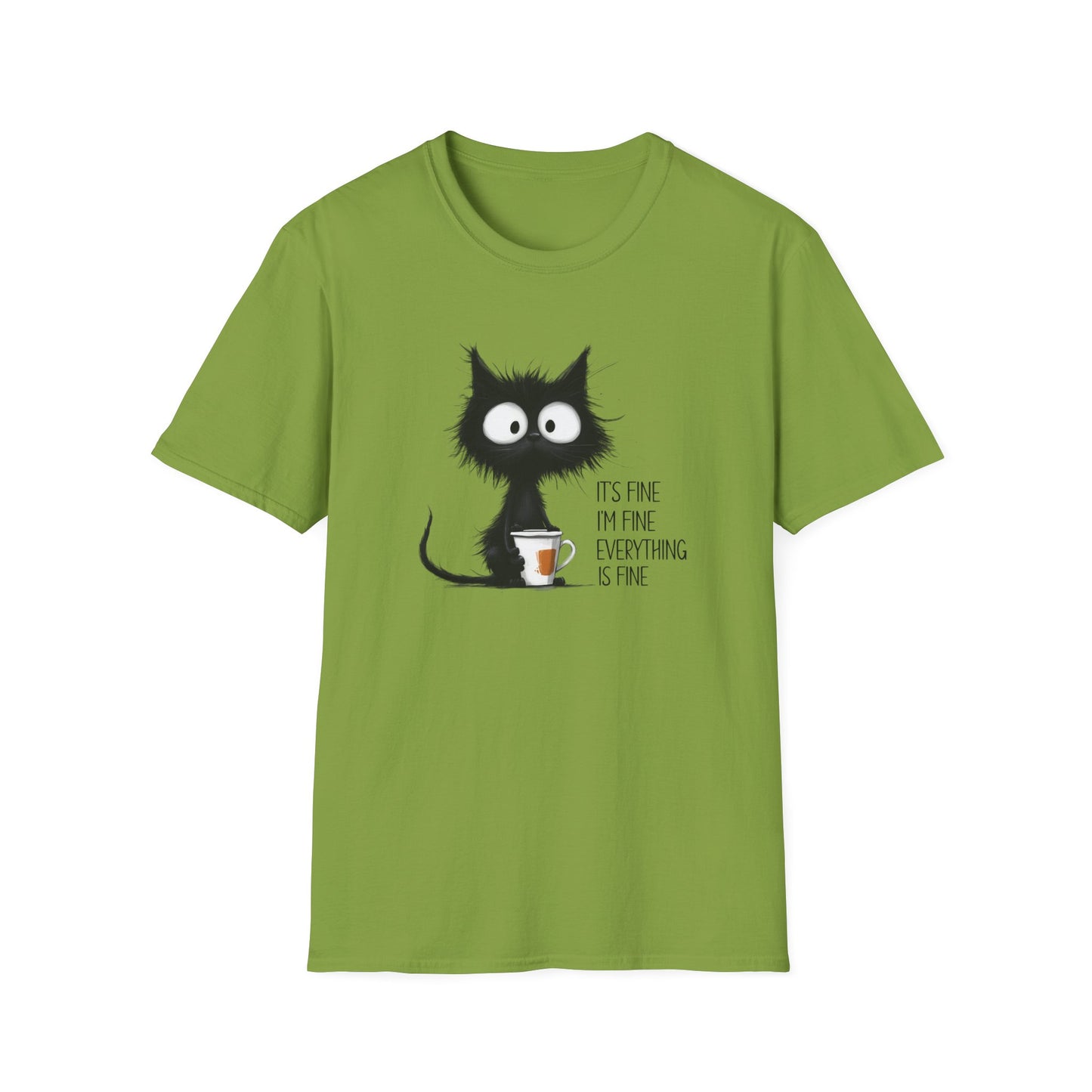 It’s Fine I’m Fine Everything Is Fine Cat Shirt – Funny Black Cat Coffee T-Shirt, Anxious Cat Graphic Tee, Relatable Humor Gift