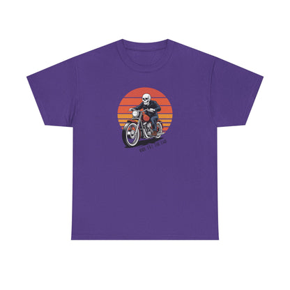 Motorcycle Rider Tee — Retro Sunset Biker Graphic "Ride Fast, Live Free" - Skeleton Biker T-Shirt
