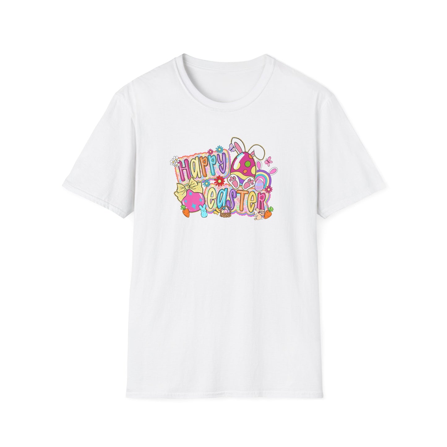 Happy Easter Graphic T-Shirt — Colorful Bunny & Eggs Spring Tee