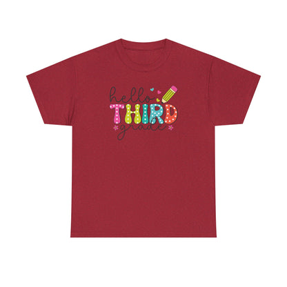 Hello Third Grade T-Shirt - Cute Back-to-School Tee with Colorful Pencil Design - Teacher Team Tee