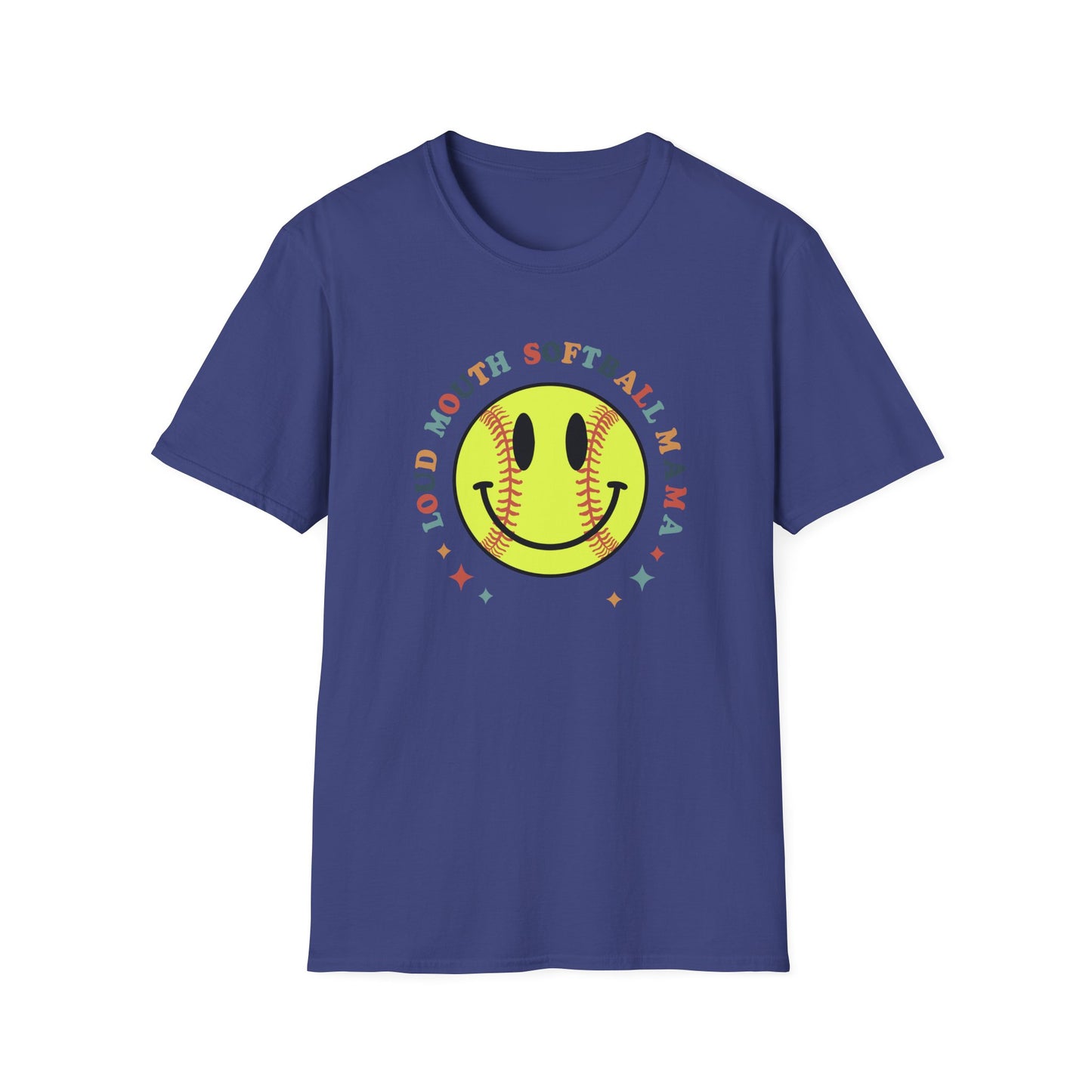 Loud Mouth Softball Mama Shirt – Retro Smiley Softball Graphic Tee, Funny Softball Mom Shirt, Vintage Game Day Apparel