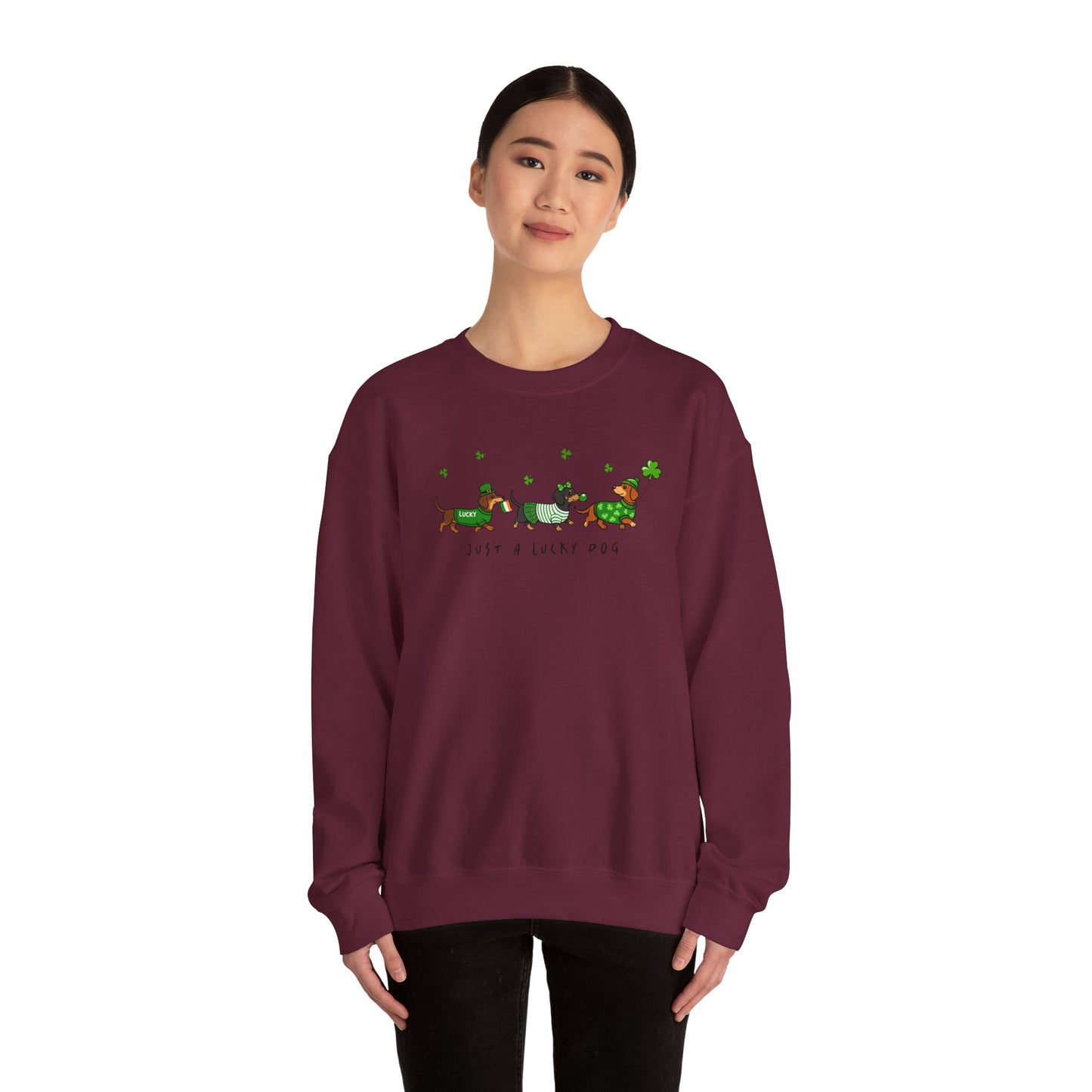 St. Patrick’s Day Dachshund Sweatshirt – “Just a Lucky Dog” Crewneck