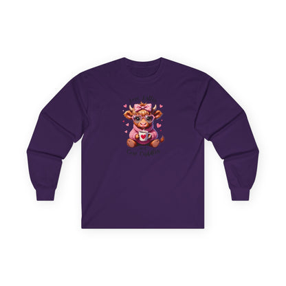 Cow Cuddles Long Sleeve Tee – Cute Cow with Coffee Valentine Shirt
