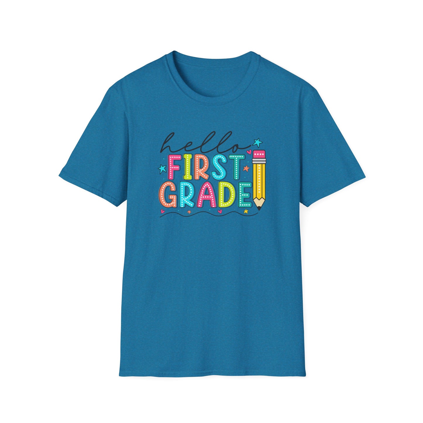 Hello First Grade Pencil T-Shirt — Colorful Back-to-School Cute School Spirit Tee