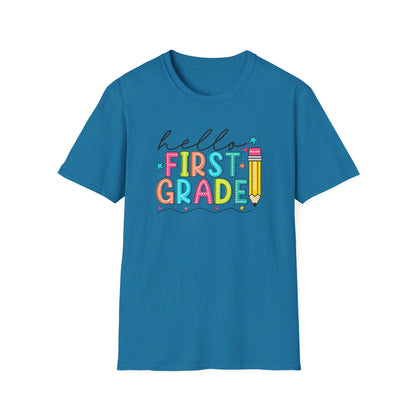 Hello First Grade Pencil T-Shirt — Colorful Back-to-School Cute School Spirit Tee