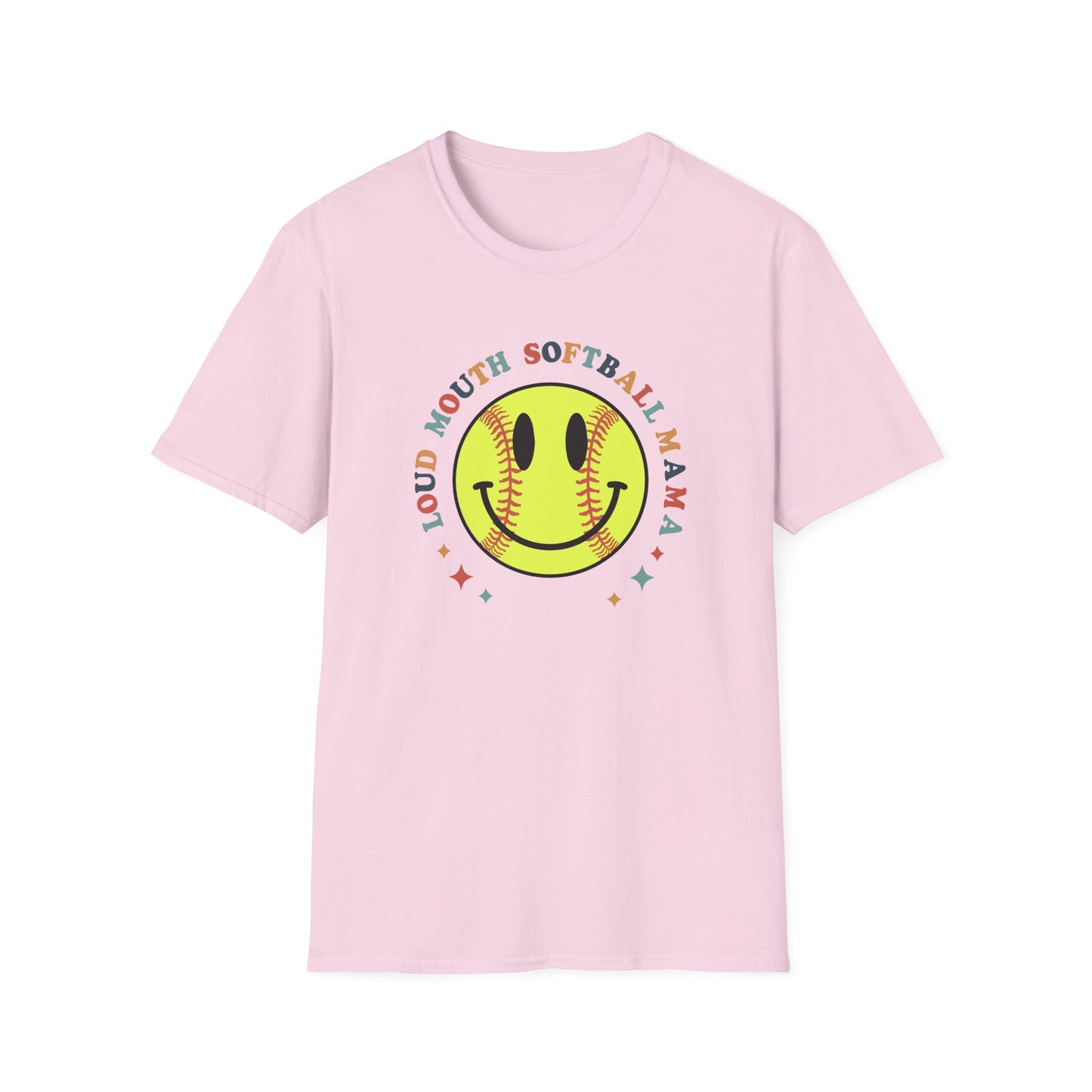 Loud Mouth Softball Mama Shirt – Retro Smiley Softball Graphic Tee, Funny Softball Mom Shirt, Vintage Game Day Apparel