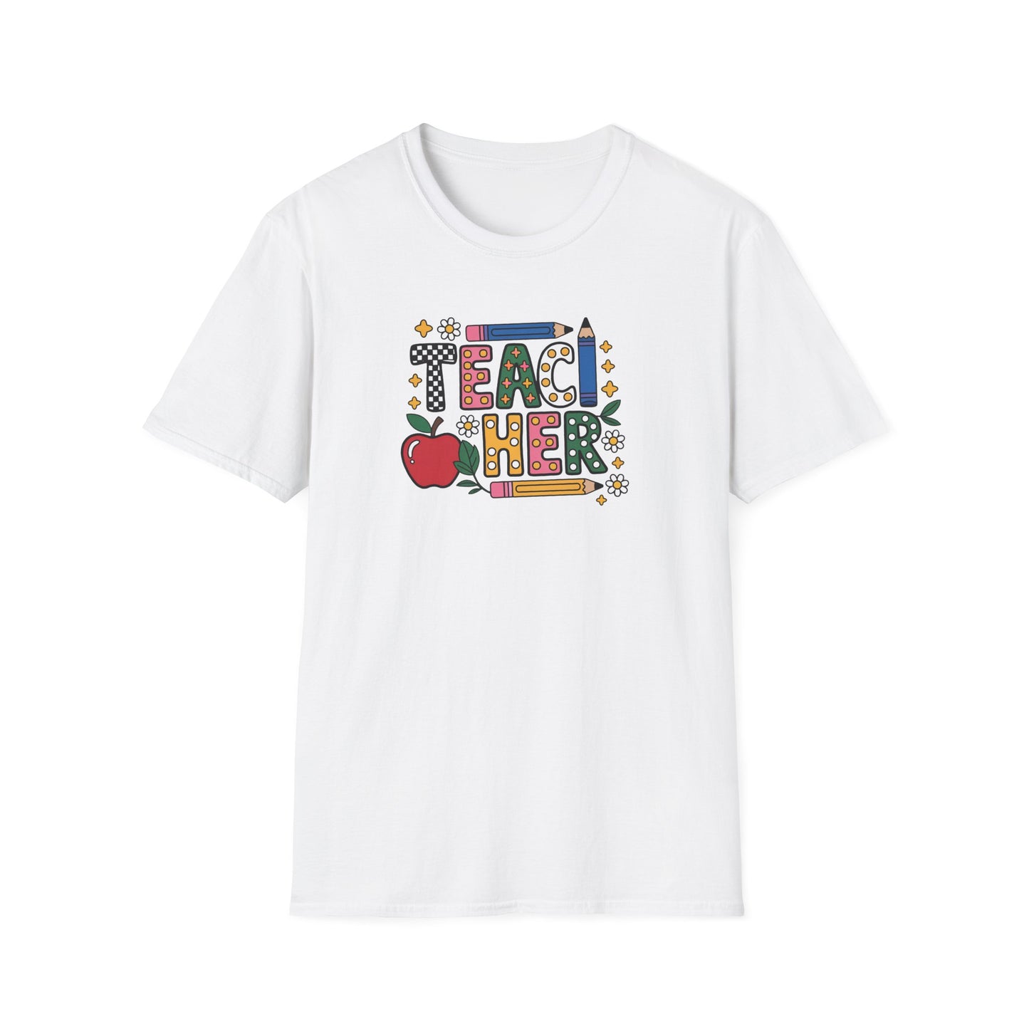 Teacher Graphic T-Shirt — Colorful Apple & Pencil Back-to-School Tee