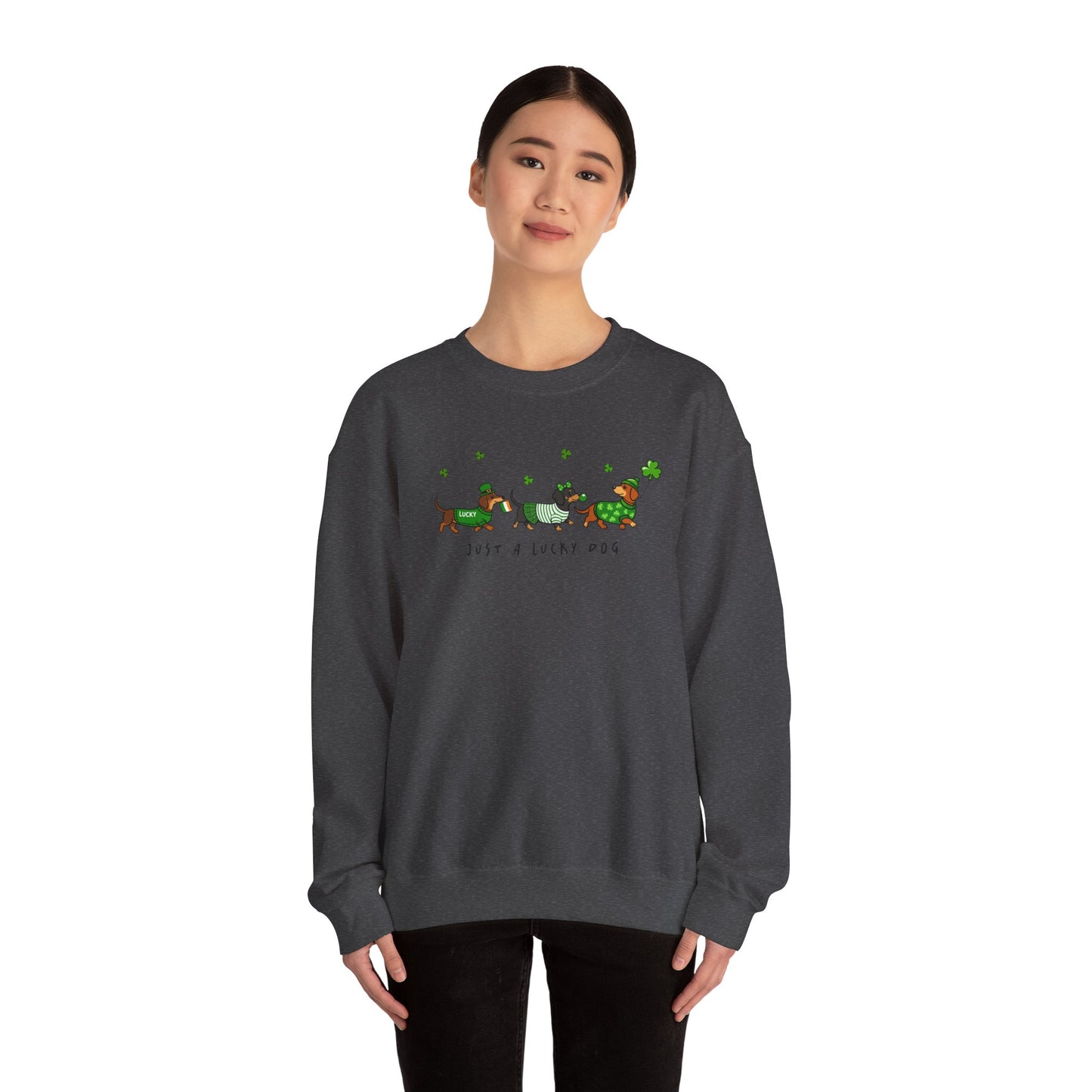 St. Patrick’s Day Dachshund Sweatshirt – “Just a Lucky Dog” Crewneck