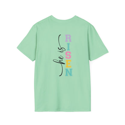 He Is Risen Christian Easter T-Shirt – Faith Based Front & Back Graphic Tee, Religious Resurrection Shirt, Pastel Easter Church Outfit for Women