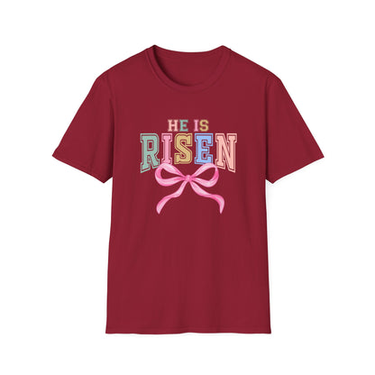 He Is Risen Easter Shirt, Christian Easter Bow Tee, Faith Based Easter Shirt Women, Religious Easter Outfit, Coquette Pastel Christian Graphic T-Shirt