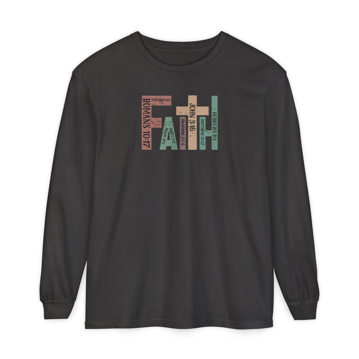 Faith Cross Long Sleeve Tee — Christian Scripture Romans 10:17 Shirt