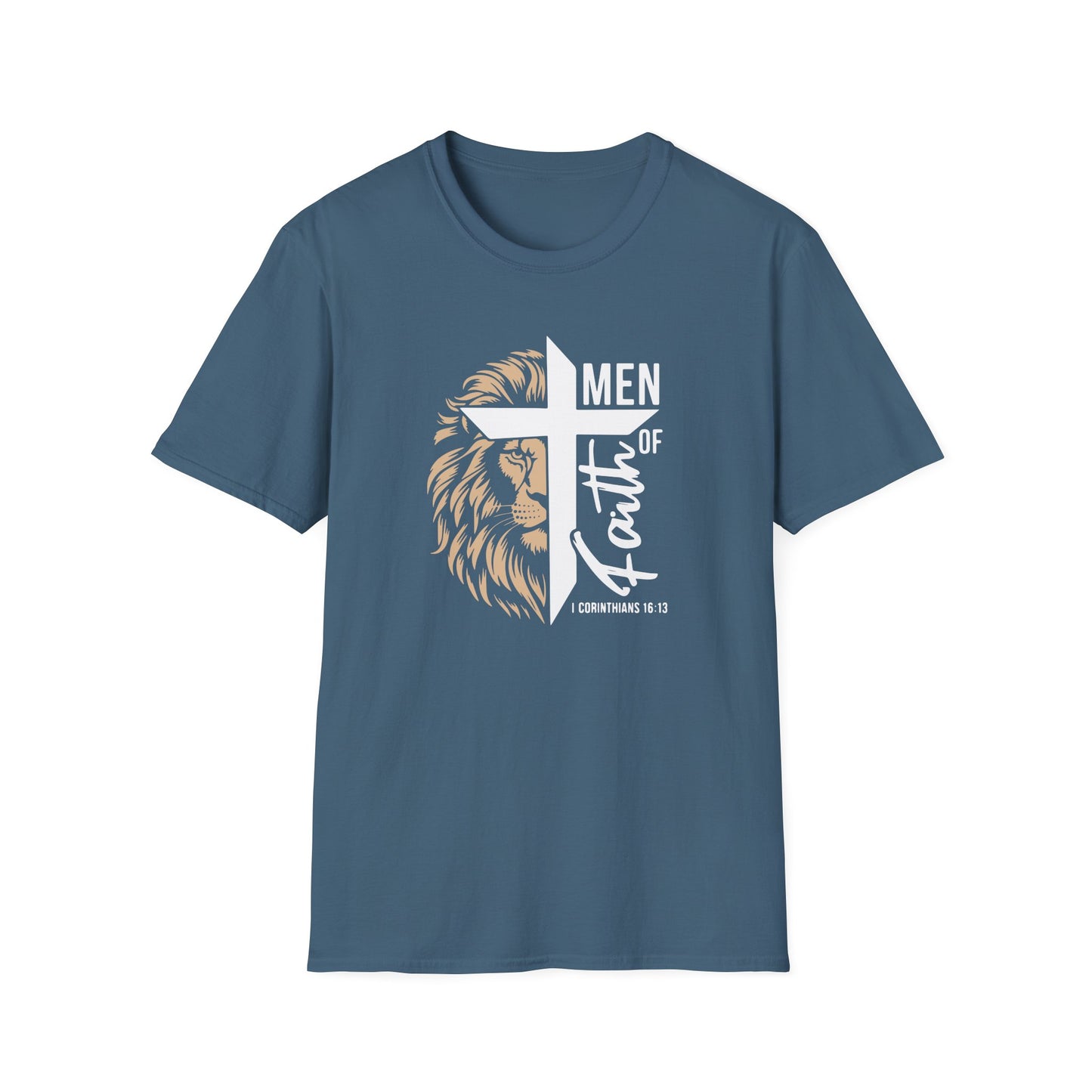 Men of Faith T-Shirt with Lion & Cross – Christian Men’s Faith Tee (Hebrews 11:1)