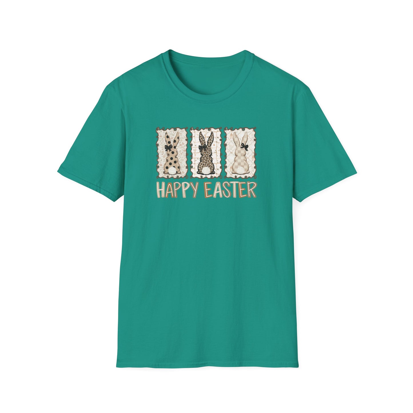 Neutral Happy Easter Bunny Shirt – Vintage Style Easter Graphic Tee, Leopard & Plaid Bunny T-Shirt, Minimalist Spring Holiday Shirt, Women’s Easter Outfit