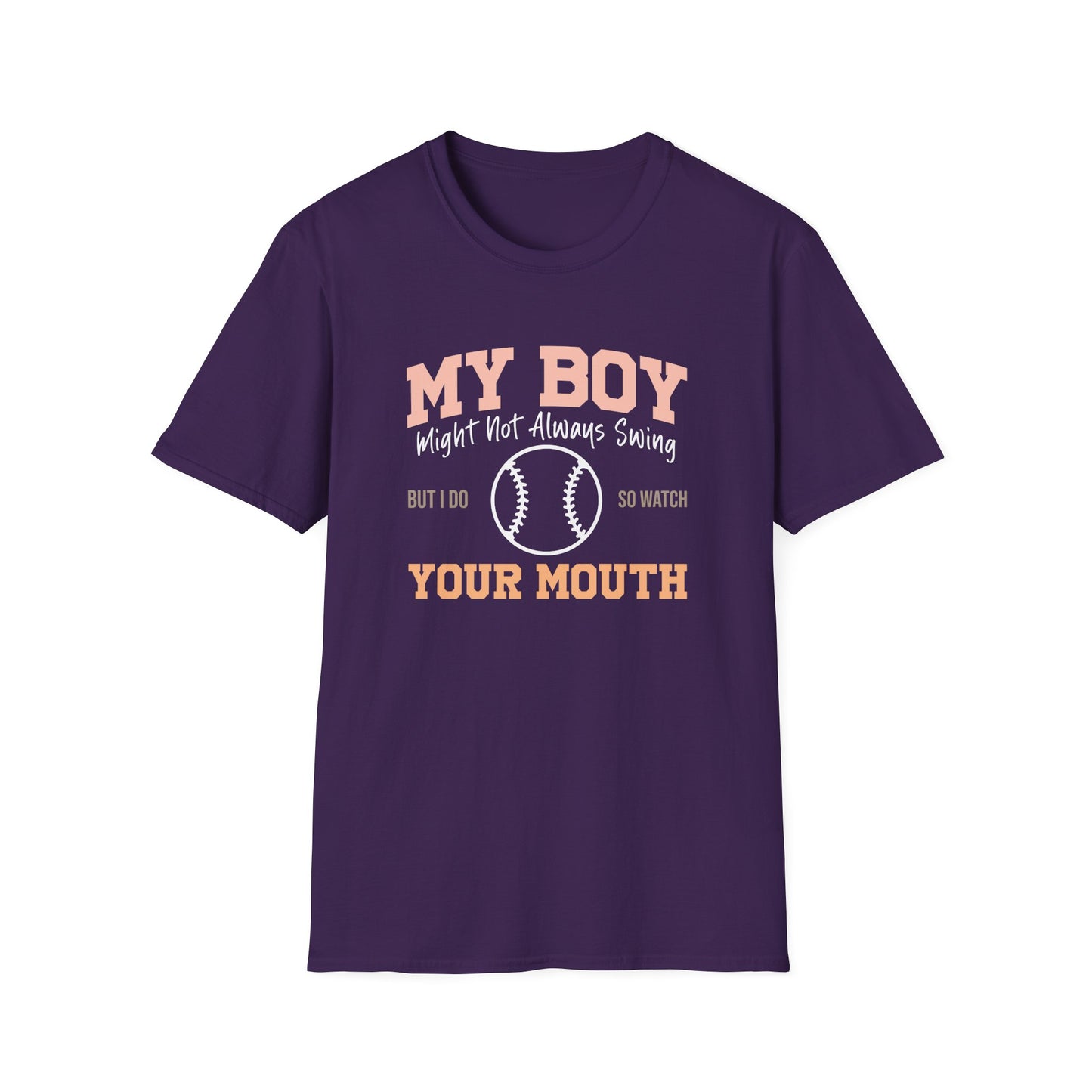Funny Baseball Mom Shirt – “My Boy Might Not Always Swing” Graphic Tee | Sports Mom T-Shirt | Baseball Season Gift | Proud Boy Mom Tee