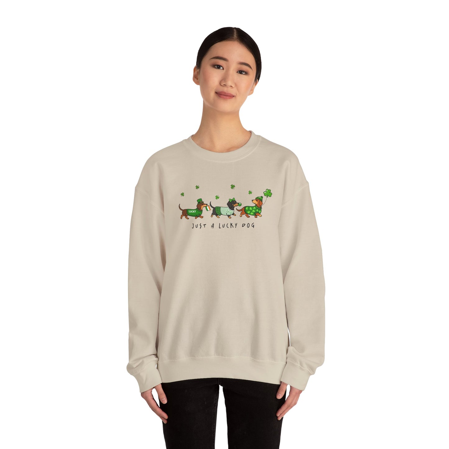 St. Patrick’s Day Dachshund Sweatshirt – “Just a Lucky Dog” Crewneck