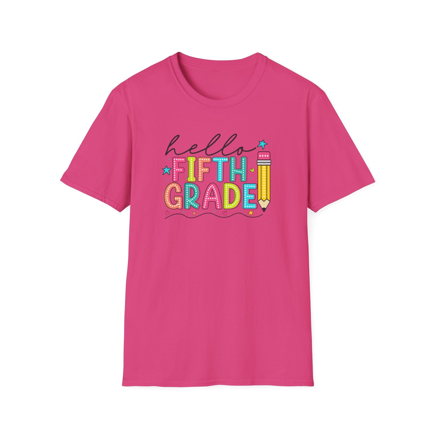 Hello Fifth Grade Pencil T-Shirt — Colorful Back-to-School Cute School Spirit Tee