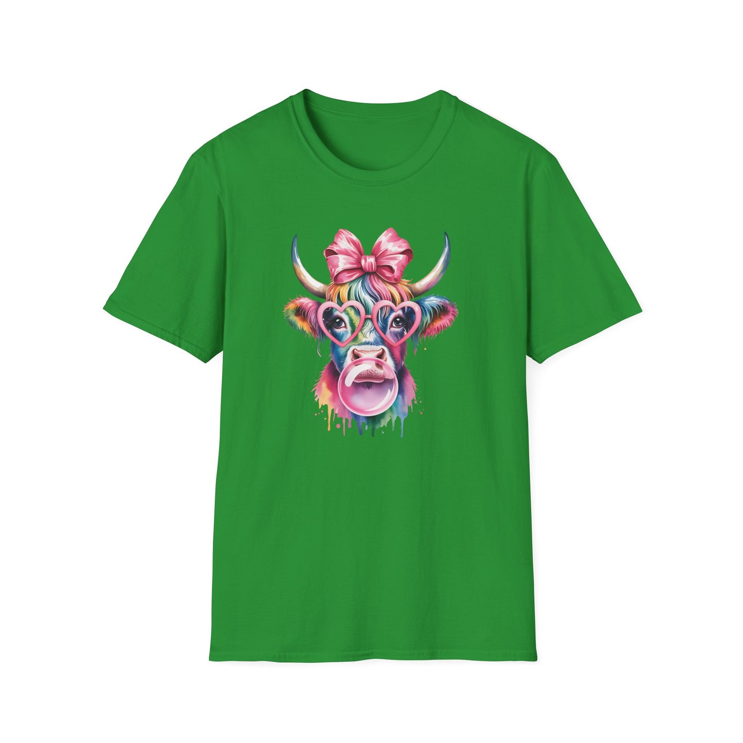 Cute Rainbow Highland Cow T-Shirt – Pink Coquette Bow Cow Graphic Tee, Funny Bubblegum Cow Shirt, Colorful Farm Animal Aesthetic Tee for Women