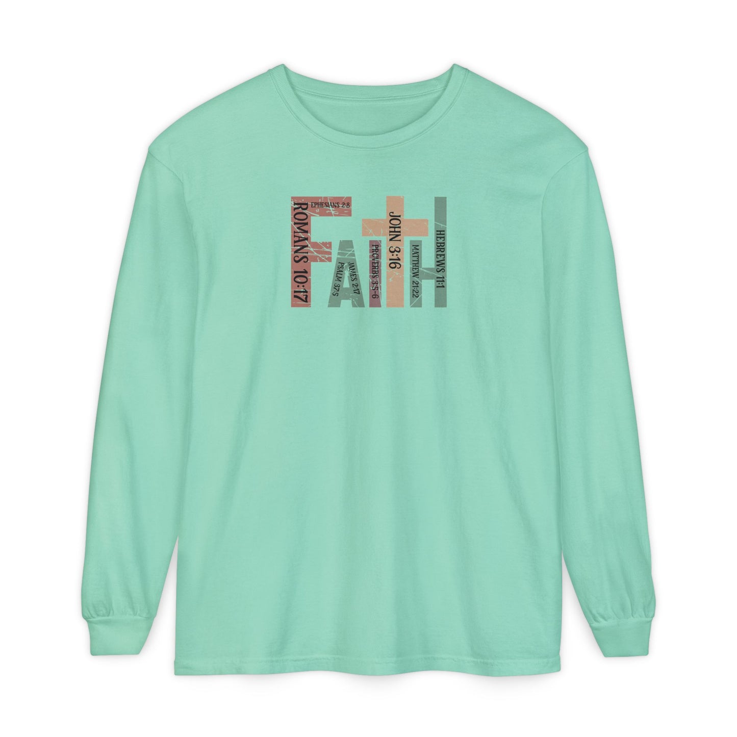 Faith Cross Long Sleeve Tee — Christian Scripture Romans 10:17 Shirt