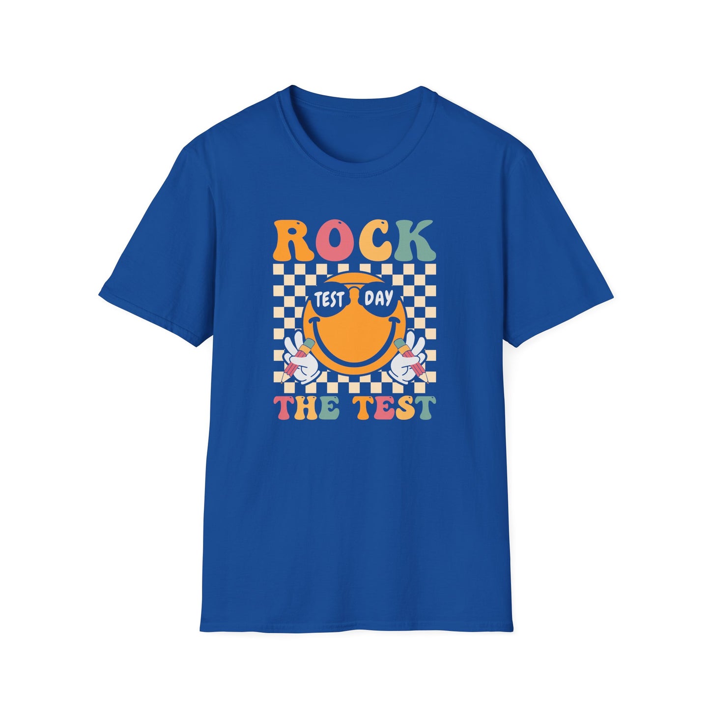 Rock The Test T-Shirt — Retro Smiley Motivation Tee for Students & Teachers