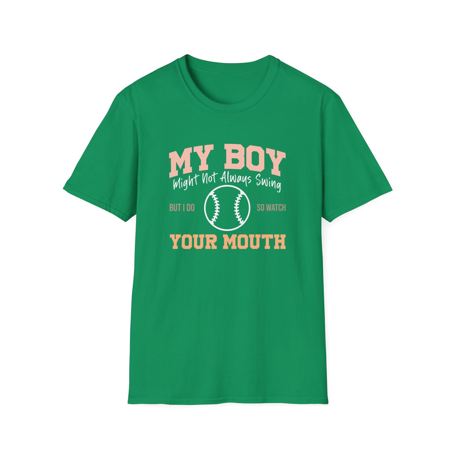 Funny Baseball Mom Shirt – “My Boy Might Not Always Swing” Graphic Tee | Sports Mom T-Shirt | Baseball Season Gift | Proud Boy Mom Tee