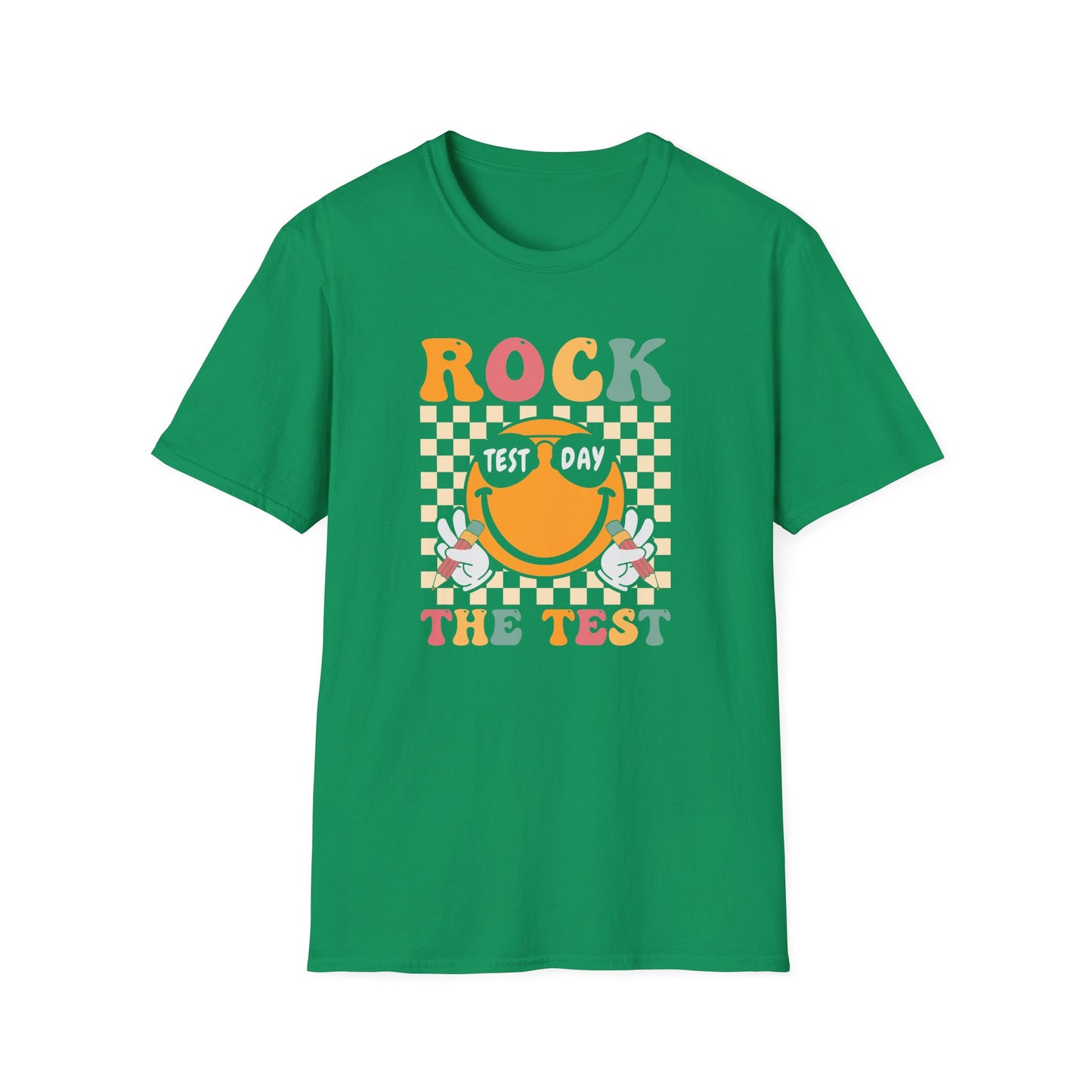 Rock The Test T-Shirt — Retro Smiley Motivation Tee for Students & Teachers
