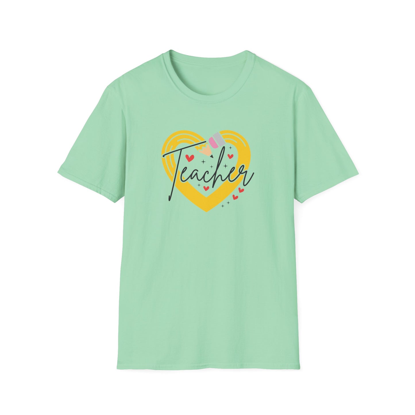 Teacher Heart Graphic T‑Shirt — Cute Yellow Heart, Pencil & 'Teacher' Script