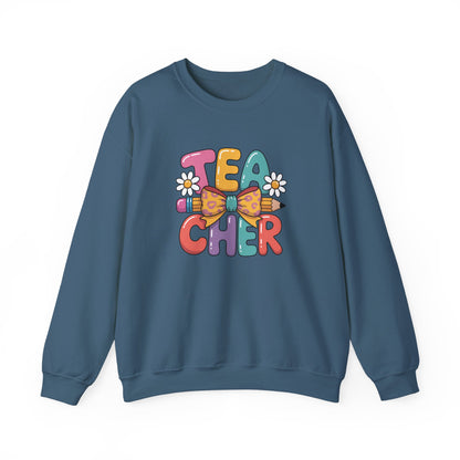 Teacher Crewneck Sweatshirt — Colorful Retro 'Teacher' Bow & Daisies Design