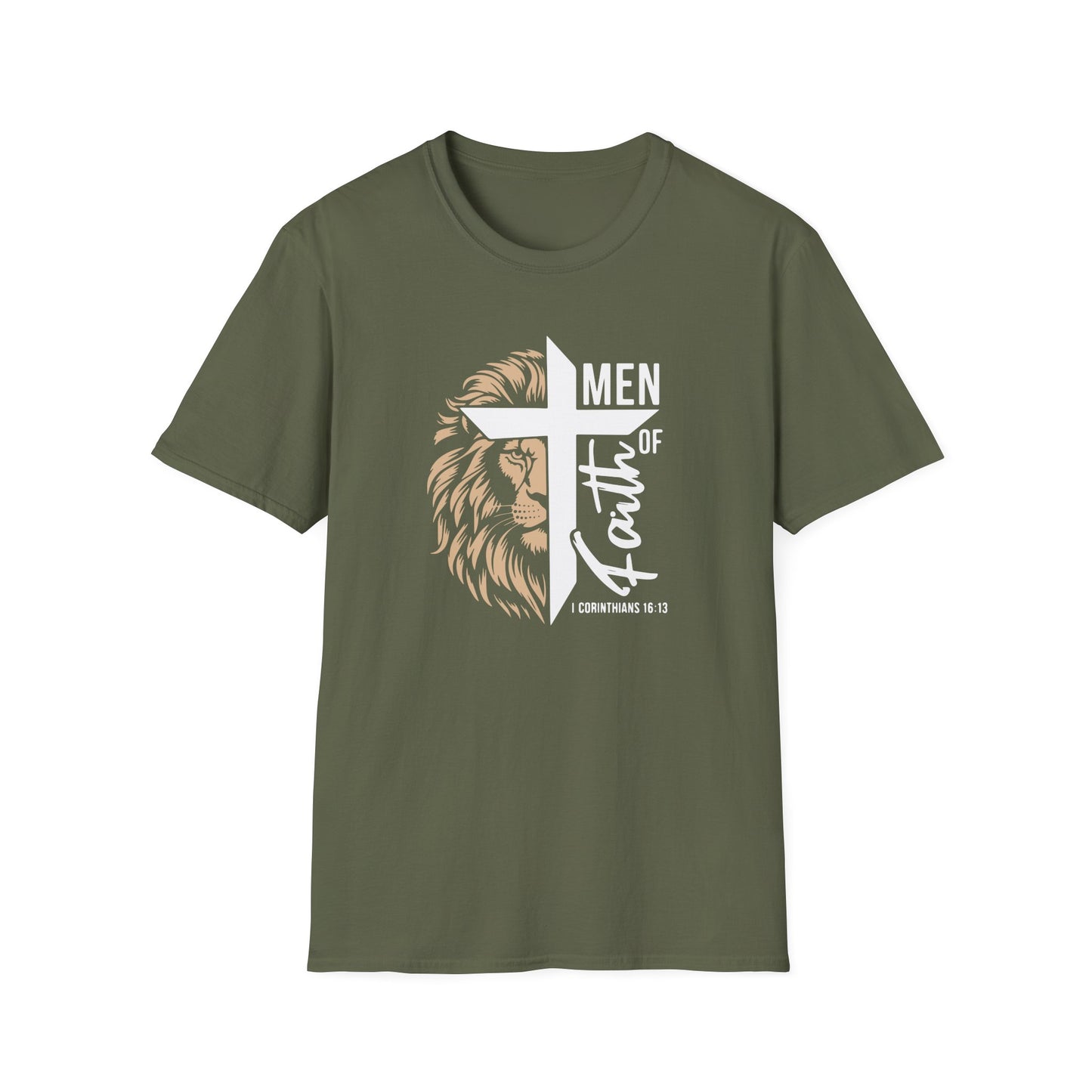 Men of Faith T-Shirt with Lion & Cross – Christian Men’s Faith Tee (Hebrews 11:1)