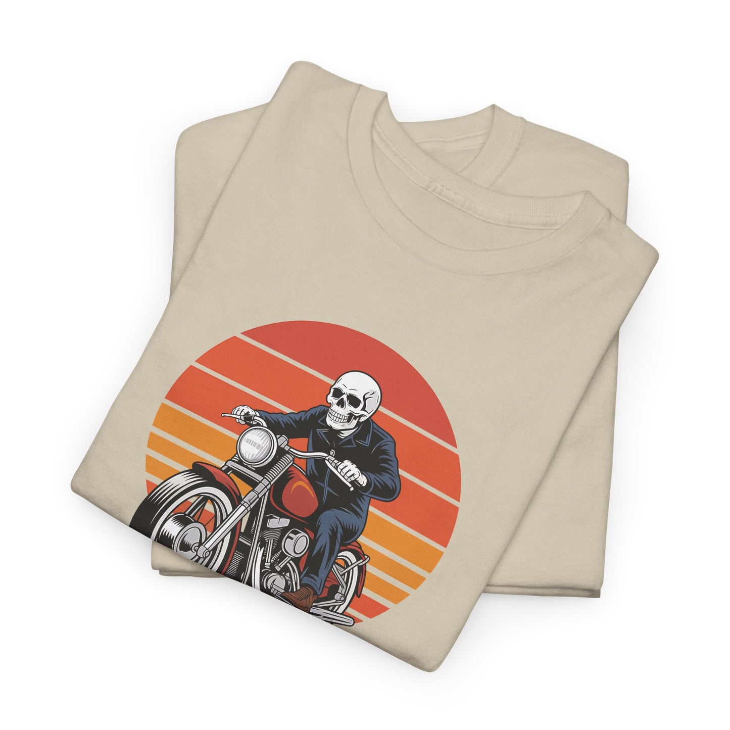 Motorcycle Rider Tee — Retro Sunset Biker Graphic "Ride Fast, Live Free" - Skeleton Biker T-Shirt
