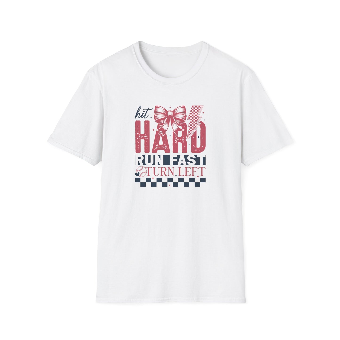 Hit Hard Run Fast Turn Left Baseball Shirt – Cute Softball Bow Tee | Game Day Shirt for Women | Sports Mom Graphic T-Shirt