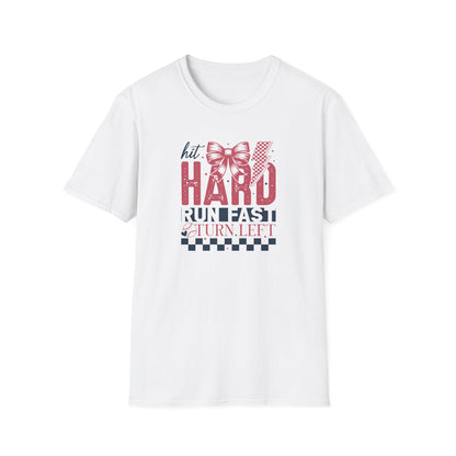 Hit Hard Run Fast Turn Left Baseball Shirt – Cute Softball Bow Tee | Game Day Shirt for Women | Sports Mom Graphic T-Shirt