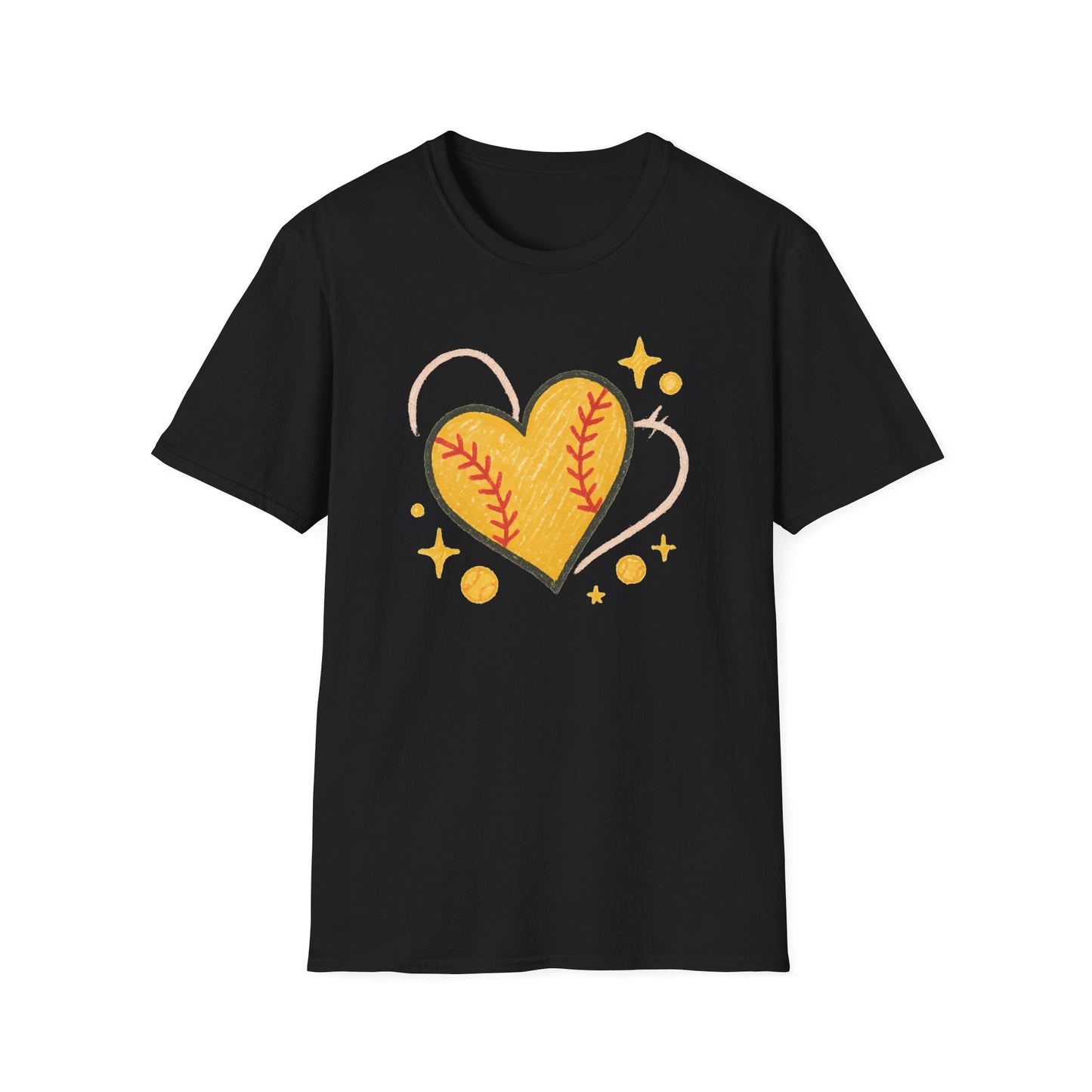 Softball Heart Shirt – Cute Softball Love Graphic Tee, Yellow Softball Heart Design, Softball Mom Gift, Fast Pitch Softball Apparel