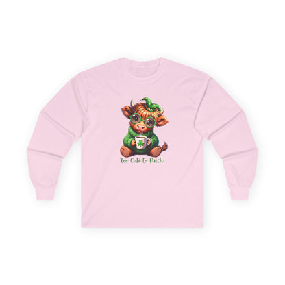 St. Patrick's Cozy Cow Long Sleeve Tee — 'Too Cute to Pinch'