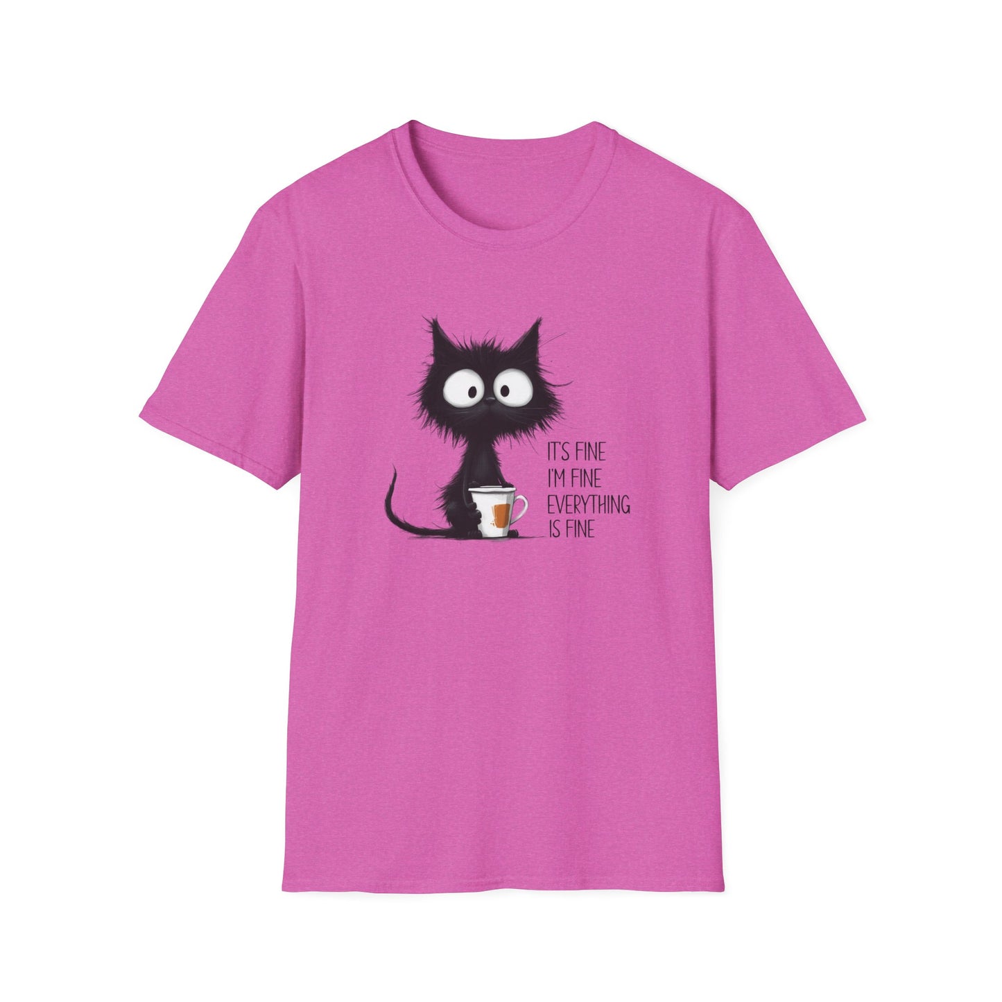 It’s Fine I’m Fine Everything Is Fine Cat Shirt – Funny Black Cat Coffee T-Shirt, Anxious Cat Graphic Tee, Relatable Humor Gift