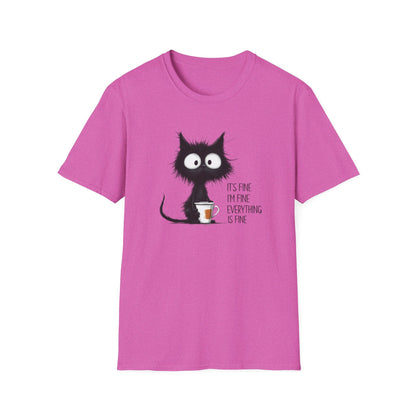It’s Fine I’m Fine Everything Is Fine Cat Shirt – Funny Black Cat Coffee T-Shirt, Anxious Cat Graphic Tee, Relatable Humor Gift