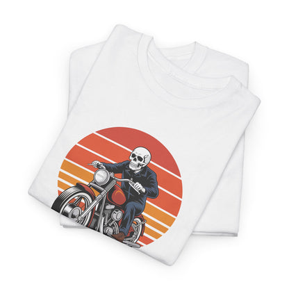 Motorcycle Rider Tee — Retro Sunset Biker Graphic "Ride Fast, Live Free" - Skeleton Biker T-Shirt