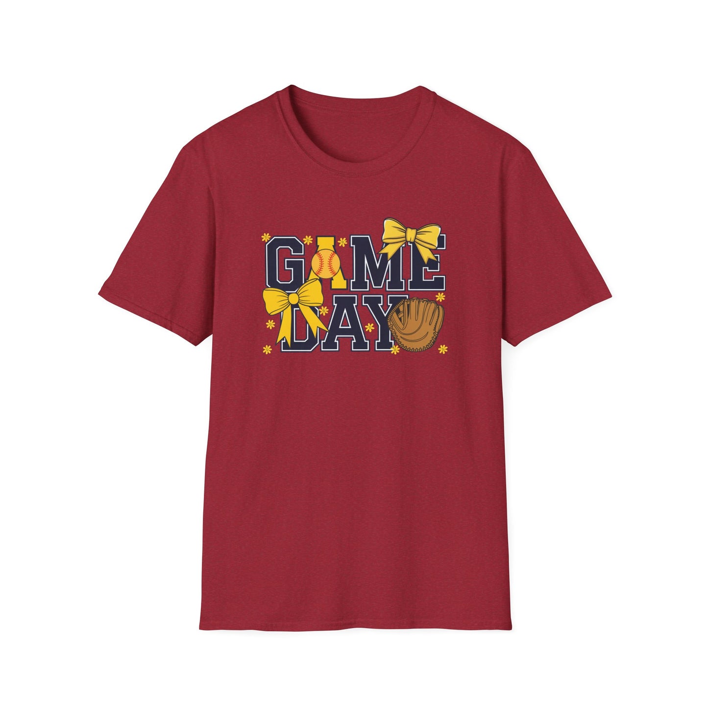 Game Day Softball Bow Shirt – Cute Baseball Mom Tee, Yellow Bow Sports Graphic T-Shirt, Women’s Game Day Outfit, Softball Fan Apparel