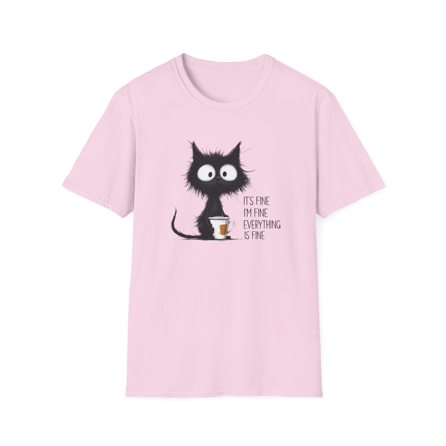 It’s Fine I’m Fine Everything Is Fine Cat Shirt – Funny Black Cat Coffee T-Shirt, Anxious Cat Graphic Tee, Relatable Humor Gift