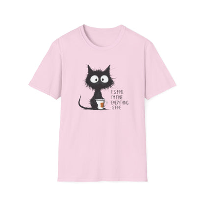 It’s Fine I’m Fine Everything Is Fine Cat Shirt – Funny Black Cat Coffee T-Shirt, Anxious Cat Graphic Tee, Relatable Humor Gift