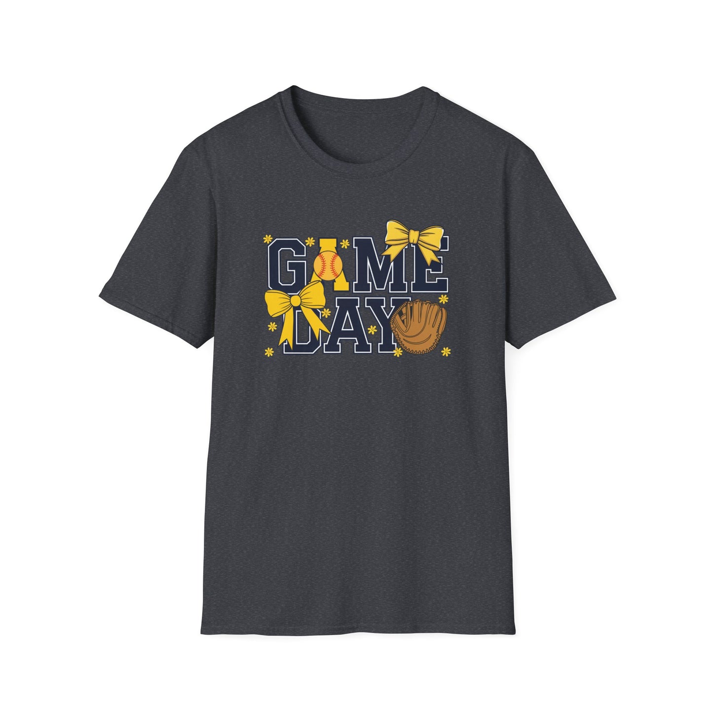 Game Day Softball Bow Shirt – Cute Baseball Mom Tee, Yellow Bow Sports Graphic T-Shirt, Women’s Game Day Outfit, Softball Fan Apparel