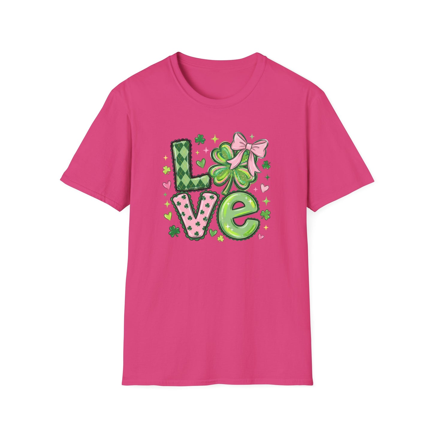 St. Patrick’s Day Love Shirt – Cute Shamrock Bow Graphic Tee, Pink & Green Clover Love Design, Lucky Irish Coquette Style Shirt