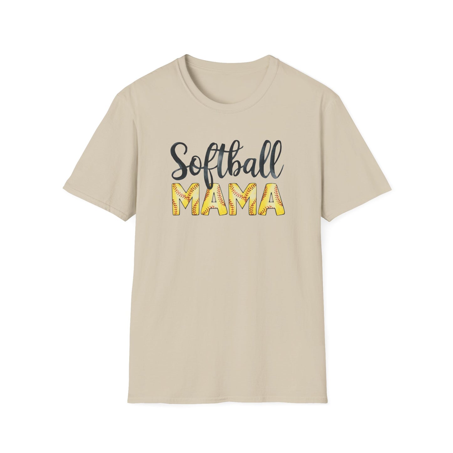 Softball Mama Shirt – Cute Script Softball Mom Graphic Tee, Yellow Softball Lettering Sports Shirt, Game Day Mom Apparel
