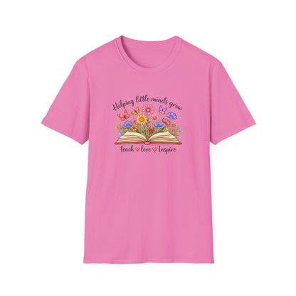 Helping Little Minds Grow Teacher Shirt | Teach Love Inspire Floral Book Tee