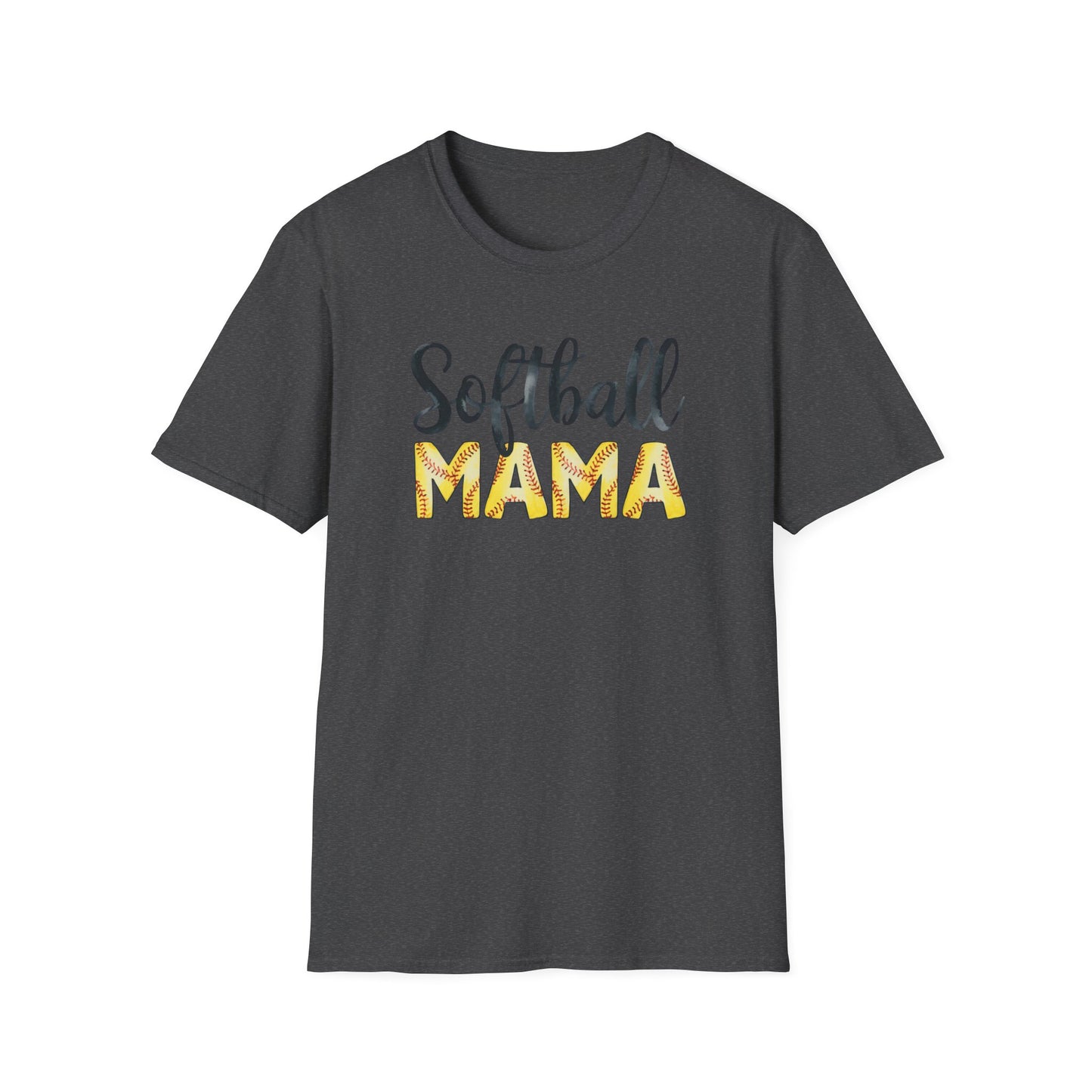 Softball Mama Shirt – Cute Script Softball Mom Graphic Tee, Yellow Softball Lettering Sports Shirt, Game Day Mom Apparel