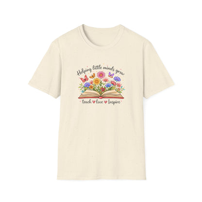 Helping Little Minds Grow Teacher Shirt | Teach Love Inspire Floral Book Tee
