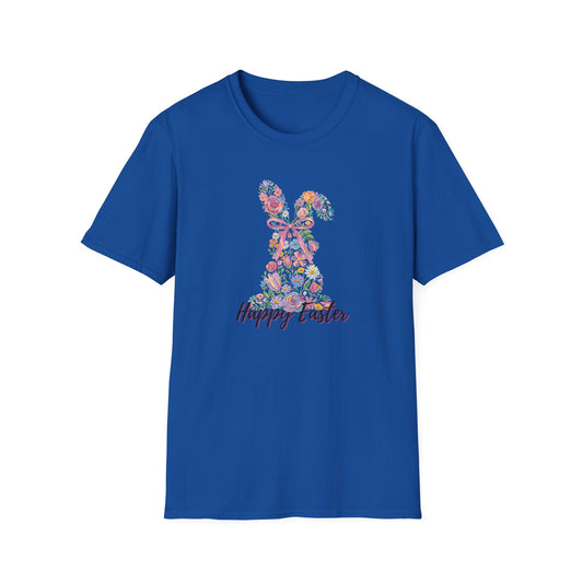 Happy Easter Floral Bunny T-Shirt – Pastel Spring Bunny Graphic Tee, Cute Easter Shirt, Cottagecore Floral Rabbit Shirt, Women’s Spring Holiday Top
