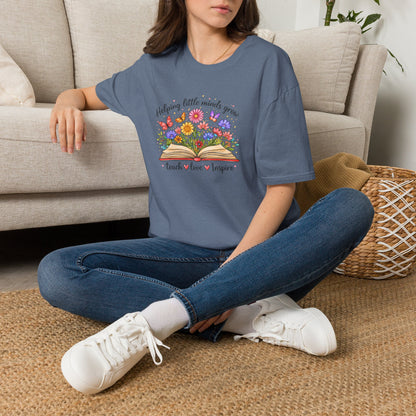 Helping Little Minds Grow Teacher Shirt | Teach Love Inspire Floral Book Tee