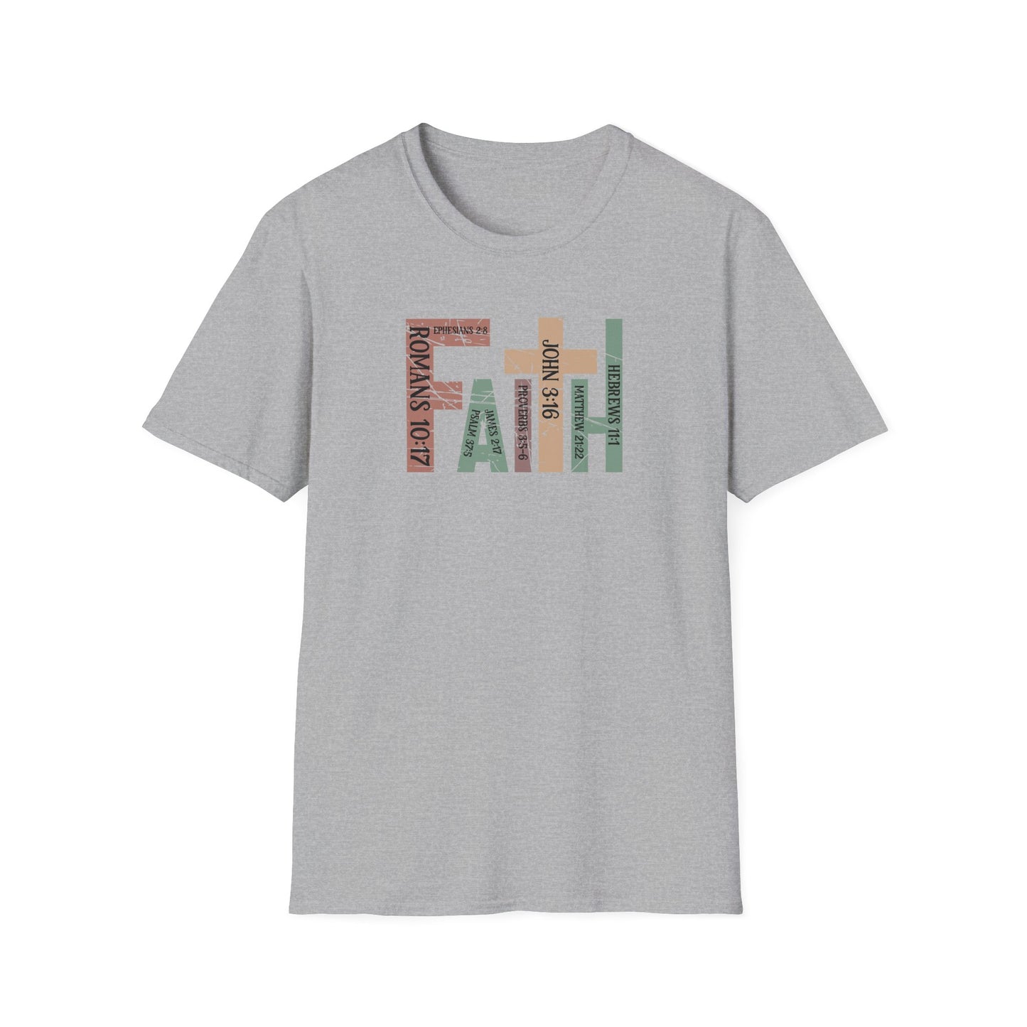 Faith Graphic T-Shirt — "Faith" with Cross & Bible Verse (Romans 10:17 / John 3:16)